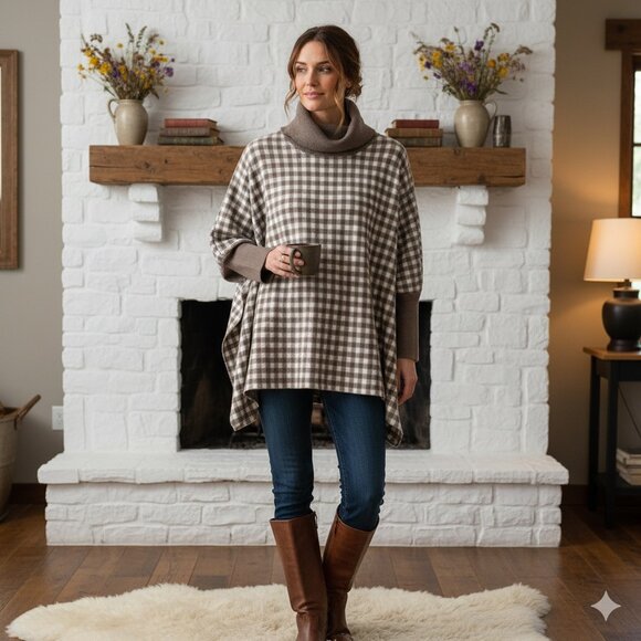 Main Strip Gingham Plaid Cowl Neck Poncho Sweater Medium/Large Rustic Cottage - Picture 1 of 8